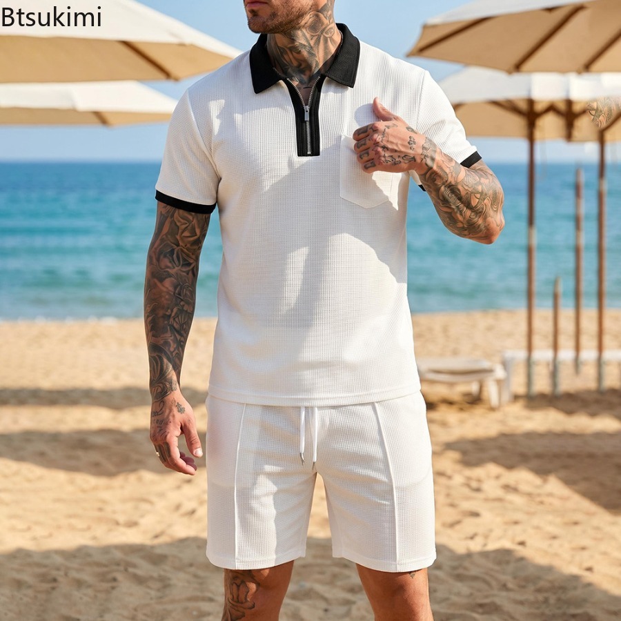 Mens Waffle Collar Polo Short  - Summer Vacation Clothing Men review and price