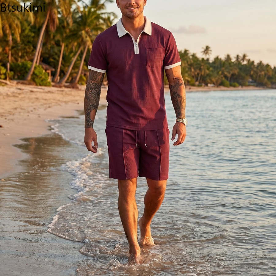 Mens Waffle Collar Polo Short  - Summer Vacation Clothing Men review and price